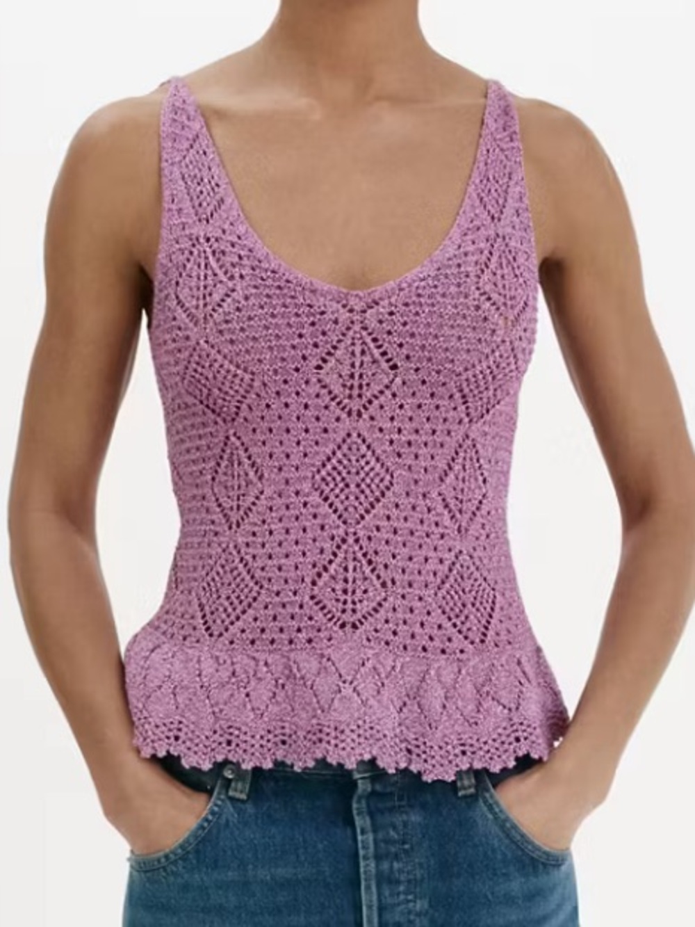 Mango Women's Purple Knit Lace Shell Top SCALLOPED FRILL LUREX CROCHET TOP 1470